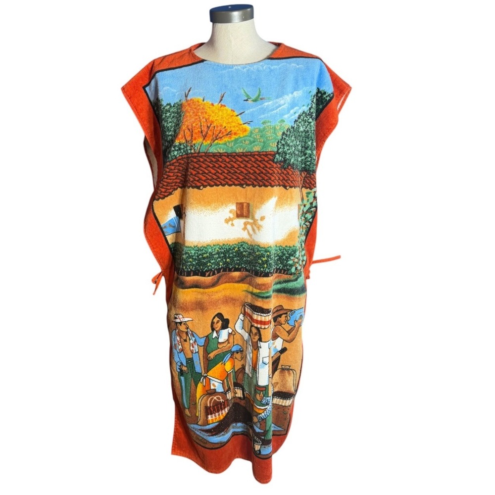 Vintage Hilasal Edmundo Otoniel Folk Art Cotton Terry Kaftan Cover Up Orange